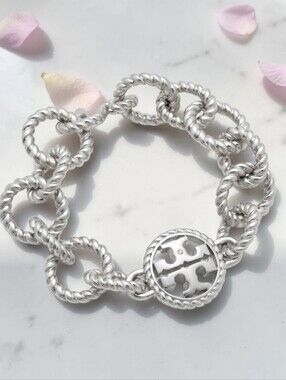 Tory Burch Twisted Rope-Link Silver Logo Medallion Bracelet